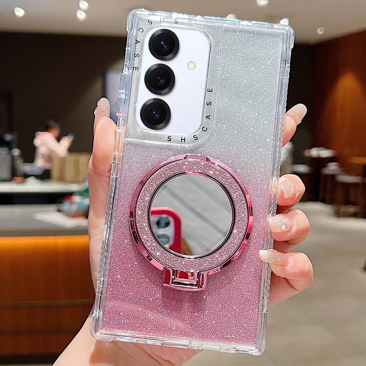 

For Samsung Galaxy S24+ / S25+ Mirror Holder Glitterr MagSafe Phone Case(Pink)