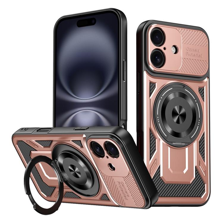 

For iPhone 16 Plus Armor Rotating Holder MagSafe Phone Case(Rose Gold)