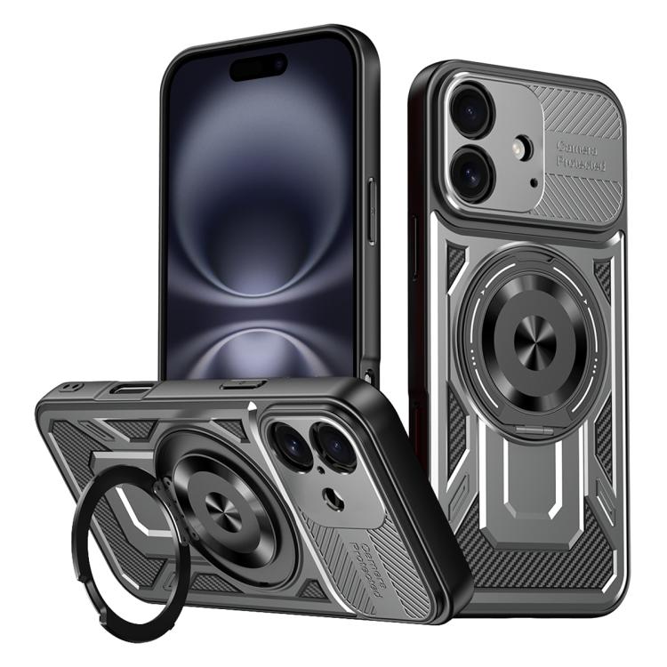 

For iPhone 16 Plus Armor Rotating Holder MagSafe Phone Case(Grey)