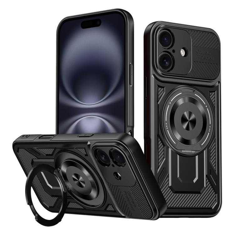 

For iPhone 16 Armor Rotating Holder MagSafe Phone Case(Black)