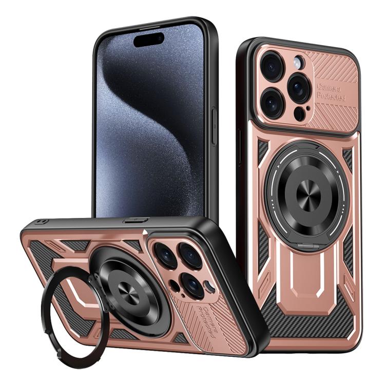 

For iPhone 15 Pro Max Armor Rotating Holder MagSafe Phone Case(Rose Gold)