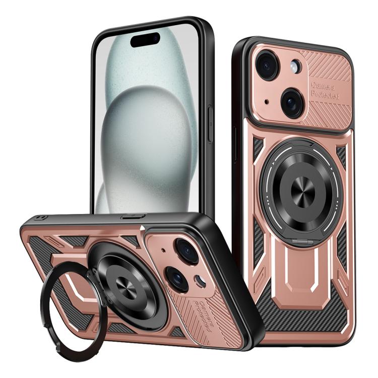 

For iPhone 15 Plus Armor Rotating Holder MagSafe Phone Case(Rose Gold)