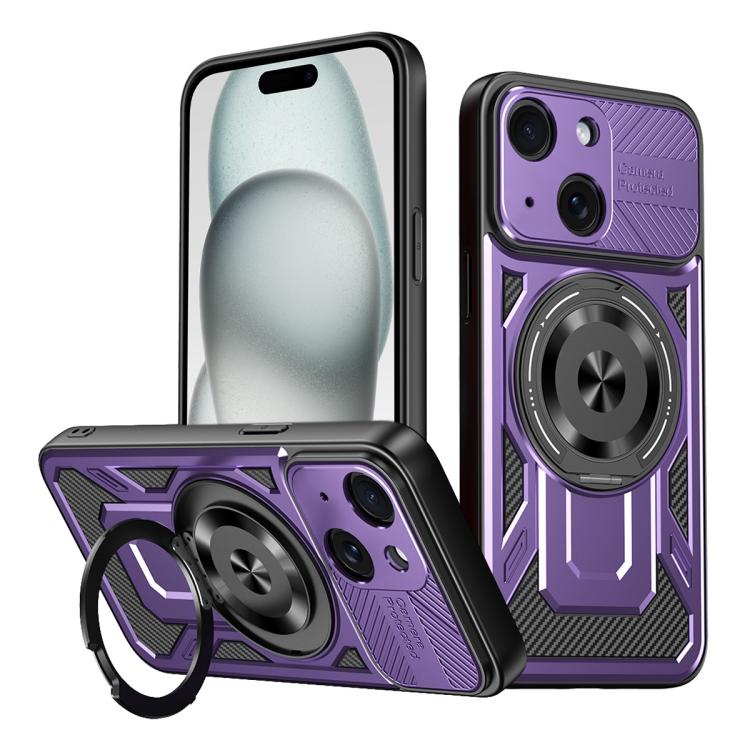 

For iPhone 15 Armor Rotating Holder MagSafe Phone Case(Purple)