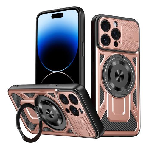 

For iPhone 14 Pro Max Armor Rotating Holder MagSafe Phone Case(Rose Gold)