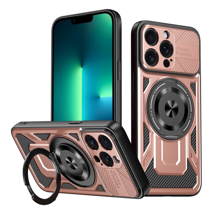 

For iPhone 13 Pro Armor Rotating Holder MagSafe Phone Case(Rose Gold)