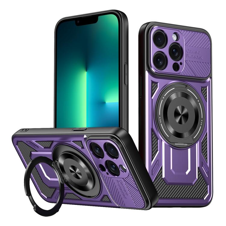 

For iPhone 13 Pro Armor Rotating Holder MagSafe Phone Case(Purple)