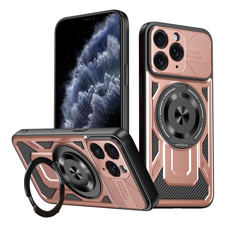 

For iPhone 11 Pro Max Armor Rotating Holder MagSafe Phone Case(Rose Gold)