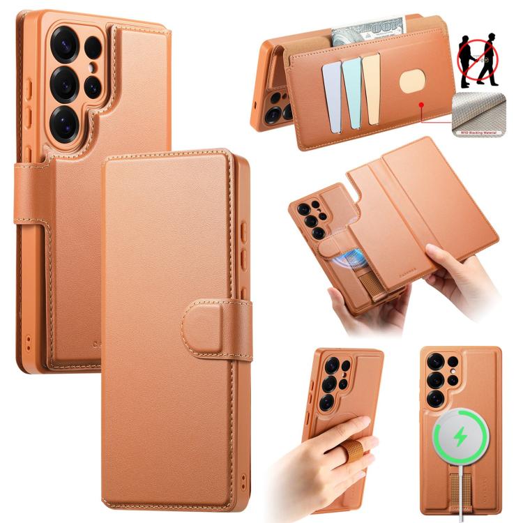 

For Samsung Galaxy S25 Ultra 5G CaseNeo Finger Grip Strap MagSafe Leather Phone Case(Brown)