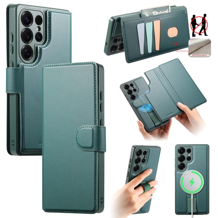 

For Samsung Galaxy S25 Ultra 5G CaseNeo Finger Grip Strap MagSafe Leather Phone Case(Green)