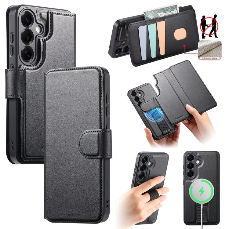 

For Samsung Galaxy S25 5G CaseNeo Finger Grip Strap MagSafe Leather Phone Case(Black)