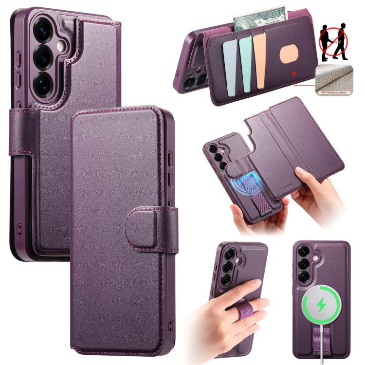 

For Samsung Galaxy S25 5G CaseNeo Finger Grip Strap MagSafe Leather Phone Case(Purple)
