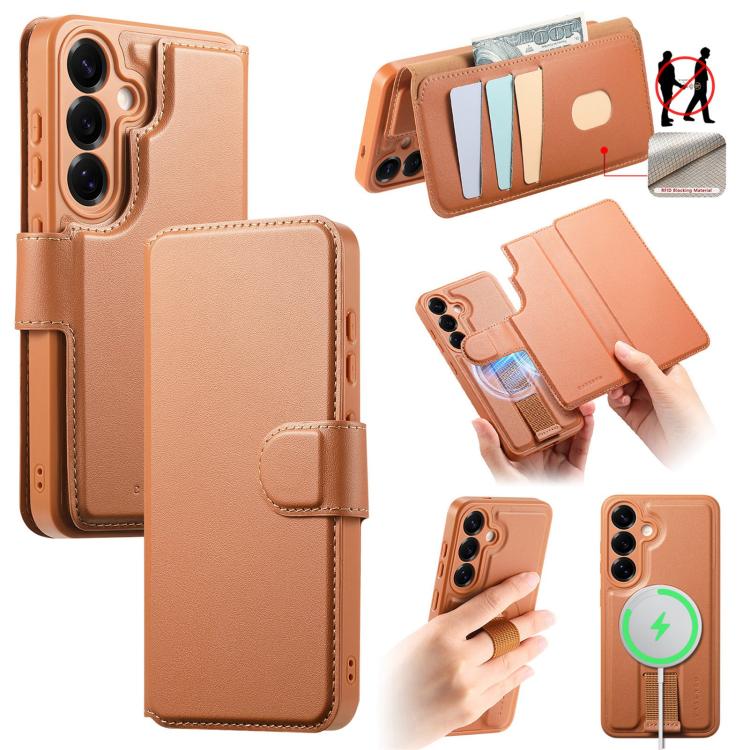 

For Samsung Galaxy S25+ 5G CaseNeo Finger Grip Strap MagSafe Leather Phone Case(Brown)