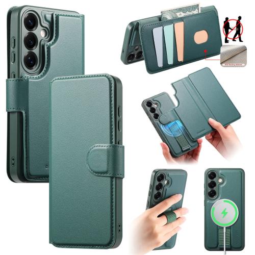 

For Samsung Galaxy S25+ 5G CaseNeo Finger Grip Strap MagSafe Leather Phone Case(Green)
