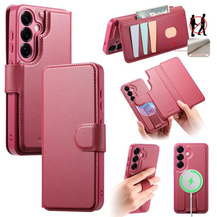 

For Samsung Galaxy S25+ 5G CaseNeo Finger Grip Strap MagSafe Leather Phone Case(Red)