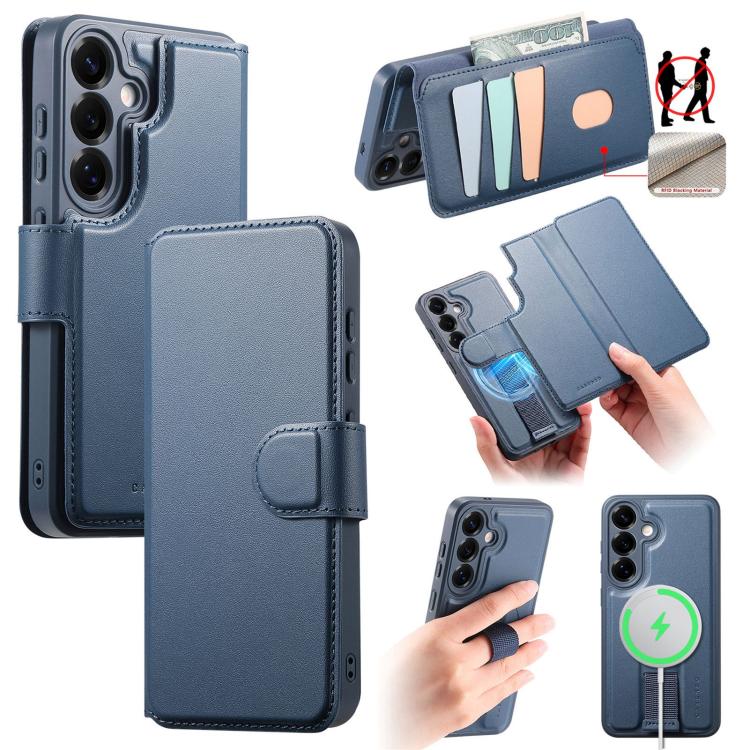 

For Samsung Galaxy S25+ 5G CaseNeo Finger Grip Strap MagSafe Leather Phone Case(Blue)