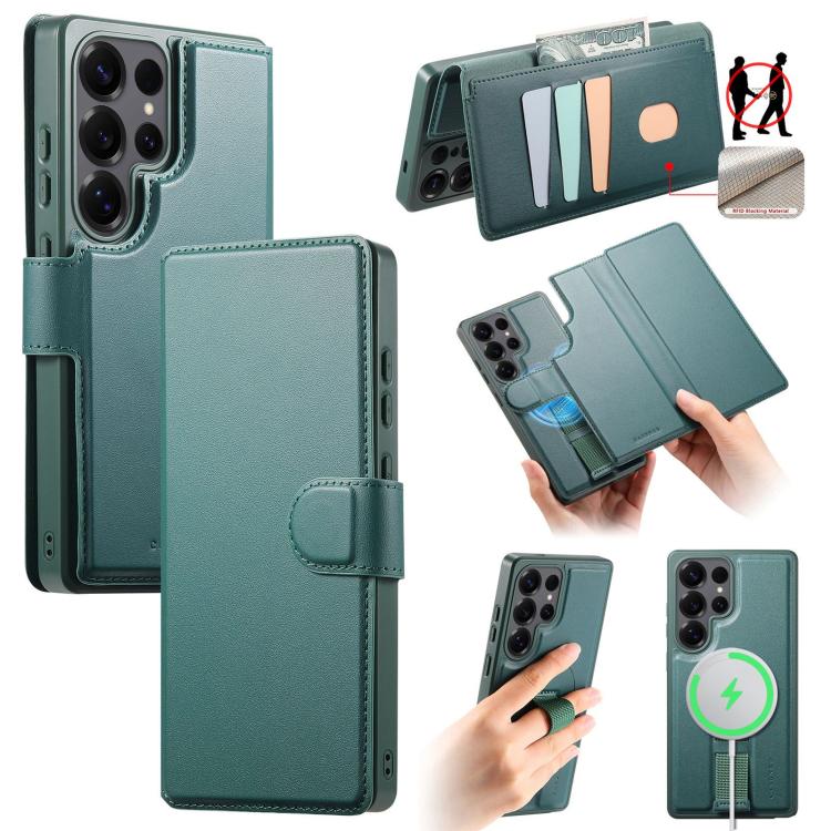 

For Samsung Galaxy S26 Ultra 5G CaseNeo Finger Grip Strap MagSafe Leather Phone Case(Green)