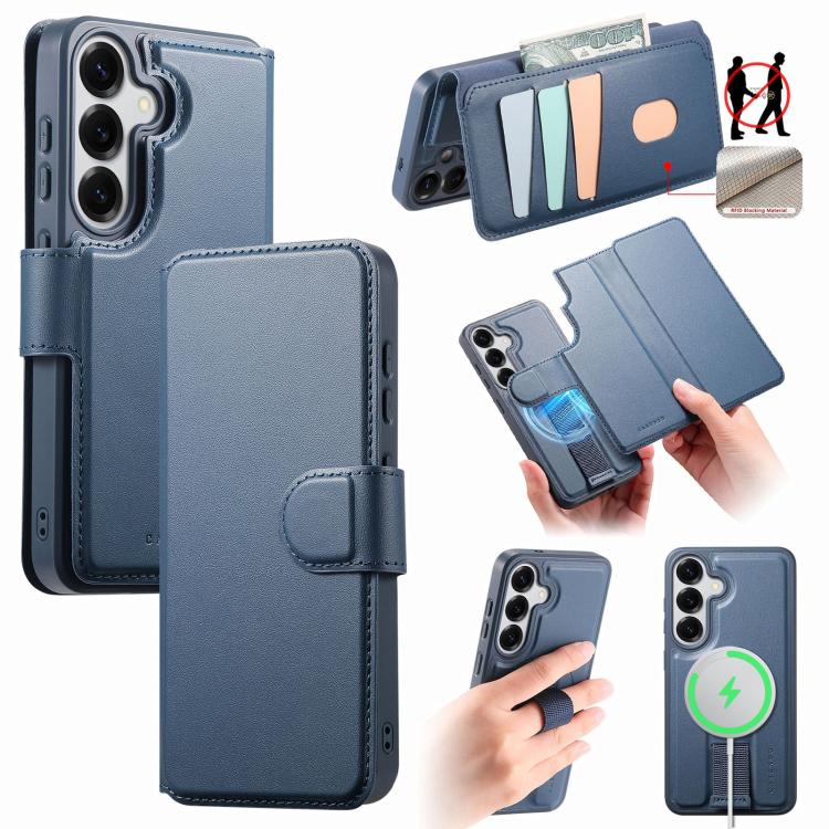

For Samsung Galaxy S26 5G CaseNeo Finger Grip Strap MagSafe Leather Phone Case(Blue)