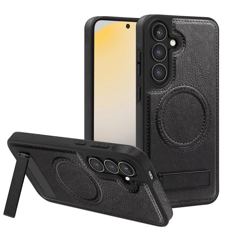 

For Samsung Galaxy S25 5G Multi-function Holder MagSafe PU Phone Case(Black)