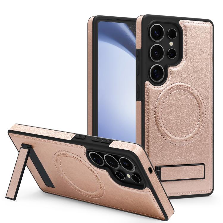 

For Samsung Galaxy S25 Ultra 5G Multi-function Holder MagSafe PU Phone Case(Rose Gold)