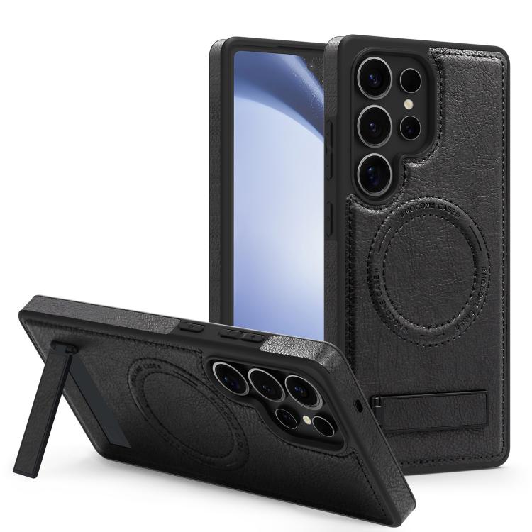 

For Samsung Galaxy S24 Ultra 5G Multi-function Holder MagSafe PU Phone Case(Black)