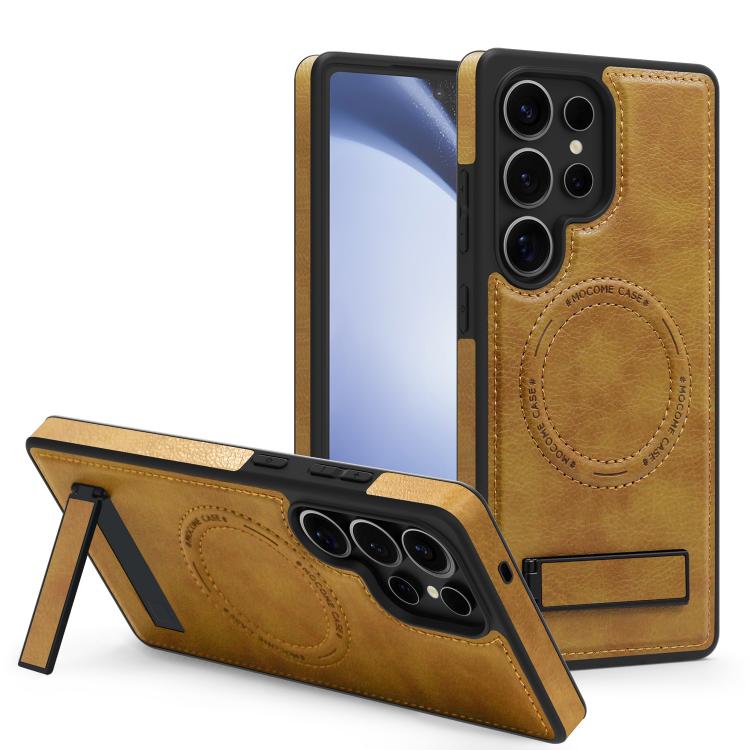 

For Samsung Galaxy S23 Ultra 5G Multi-function Holder MagSafe PU Phone Case(Brown)