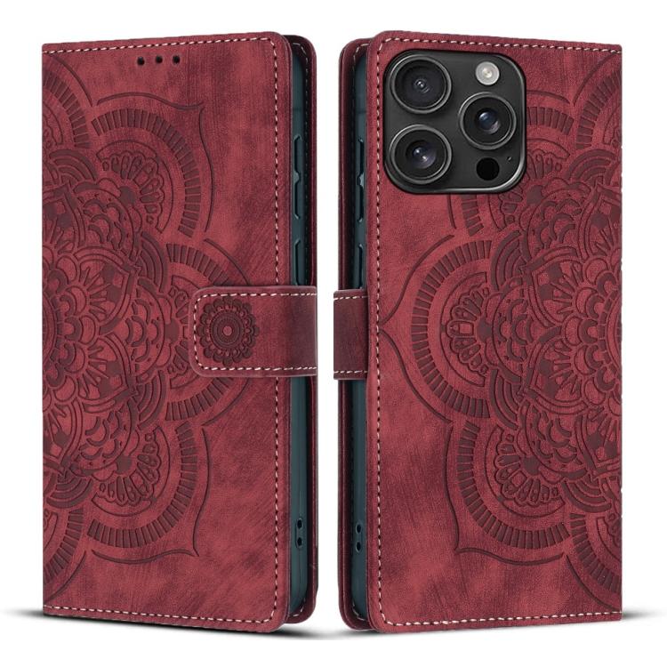 

For iPhone 16 Pro Max Mandala Embossed Retro Frosted Leather Phone Case(Red)
