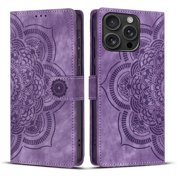 

For iPhone 16 Pro Max Mandala Embossed Retro Frosted Leather Phone Case(Purple)