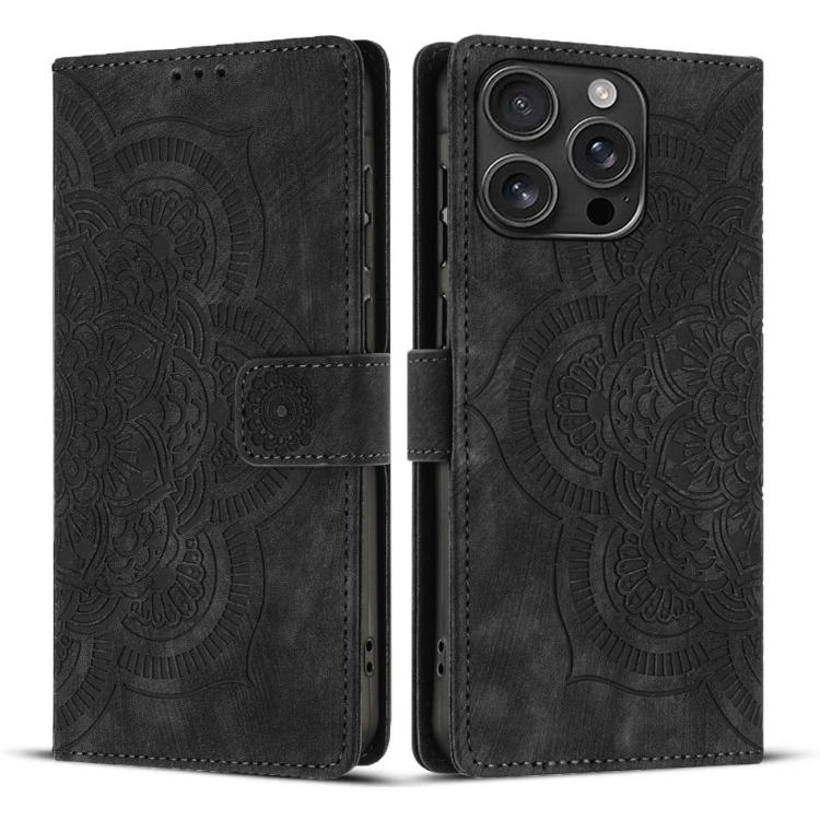 

For iPhone 16 Pro Max Mandala Embossed Retro Frosted Leather Phone Case(Black)