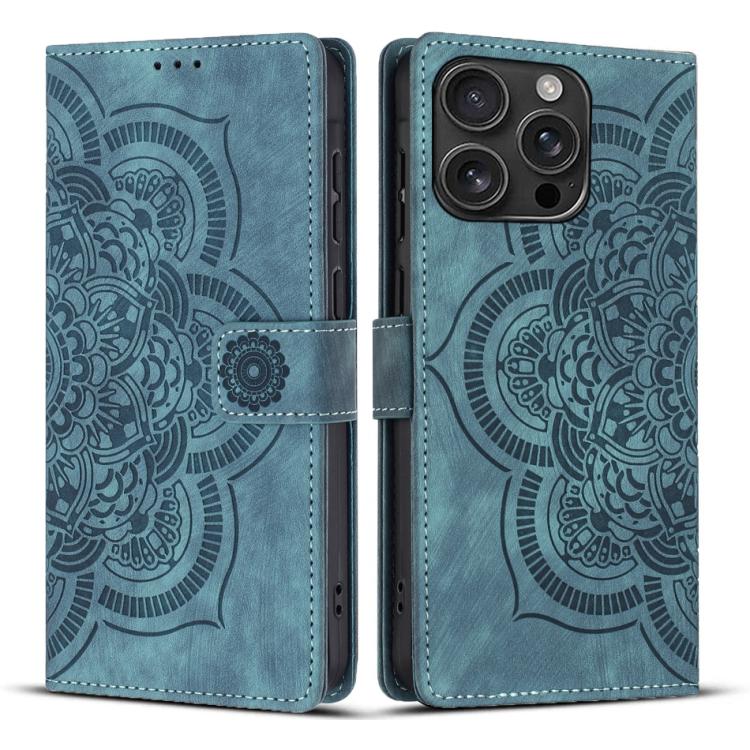 

For iPhone 16 Pro Mandala Embossed Retro Frosted Leather Phone Case(Blue)