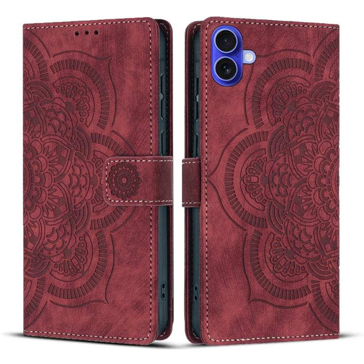 

For iPhone 16 Plus Mandala Embossed Retro Frosted Leather Phone Case(Red)