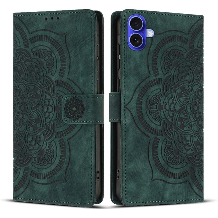 

For iPhone 16 Plus Mandala Embossed Retro Frosted Leather Phone Case(Green)