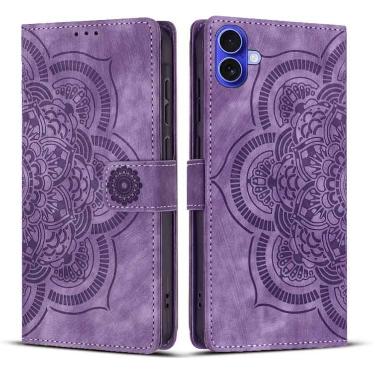 

For iPhone 16 Mandala Embossed Retro Frosted Leather Phone Case(Purple)