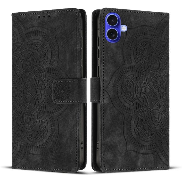 

For iPhone 16 Mandala Embossed Retro Frosted Leather Phone Case(Black)