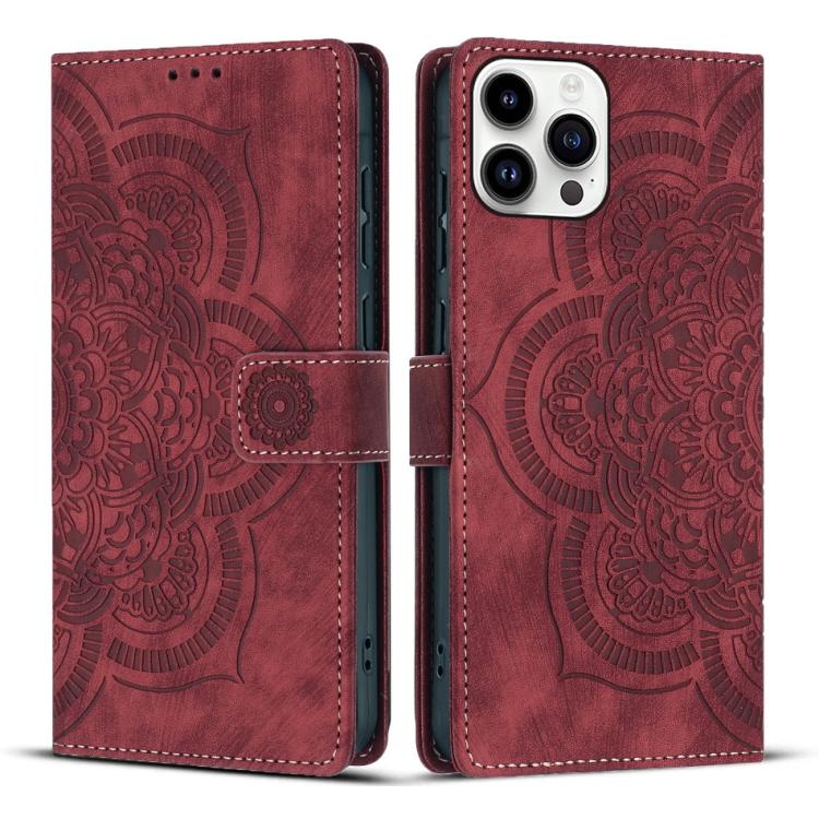 

For iPhone 15 Pro Max Mandala Embossed Retro Frosted Leather Phone Case(Red)