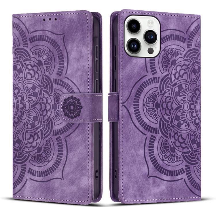

For iPhone 15 Pro Max Mandala Embossed Retro Frosted Leather Phone Case(Purple)