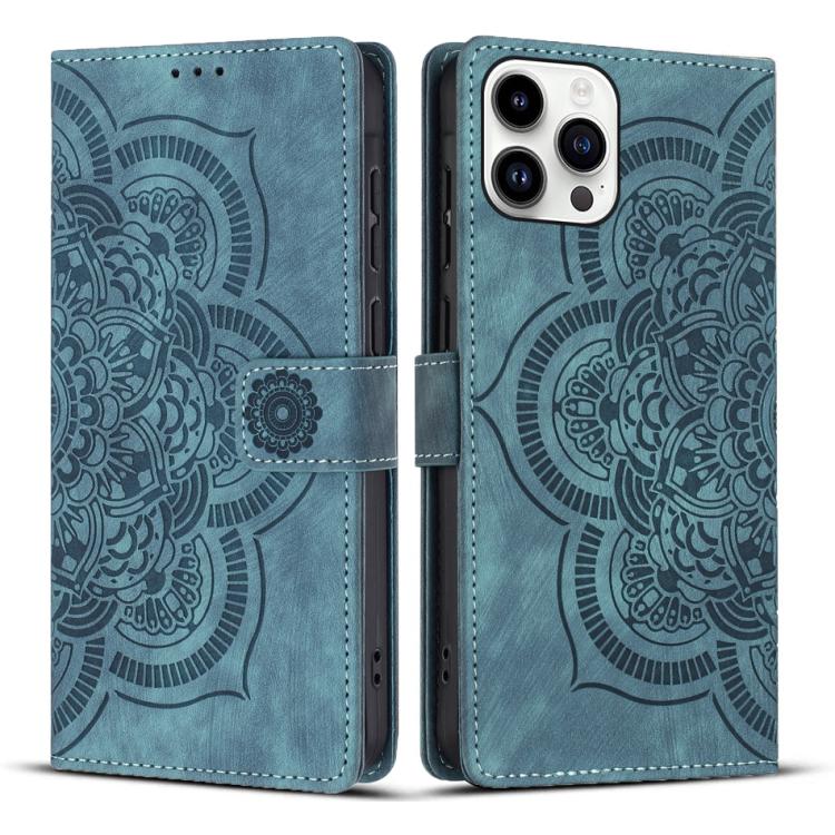 

For iPhone 15 Pro Mandala Embossed Retro Frosted Leather Phone Case(Blue)