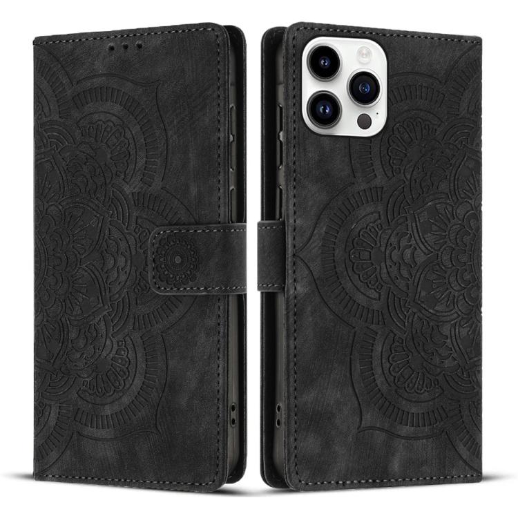 

For iPhone 15 Pro Mandala Embossed Retro Frosted Leather Phone Case(Black)