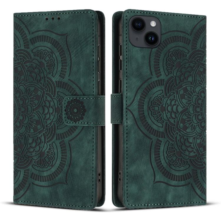 

For iPhone 15 Plus Mandala Embossed Retro Frosted Leather Phone Case(Green)