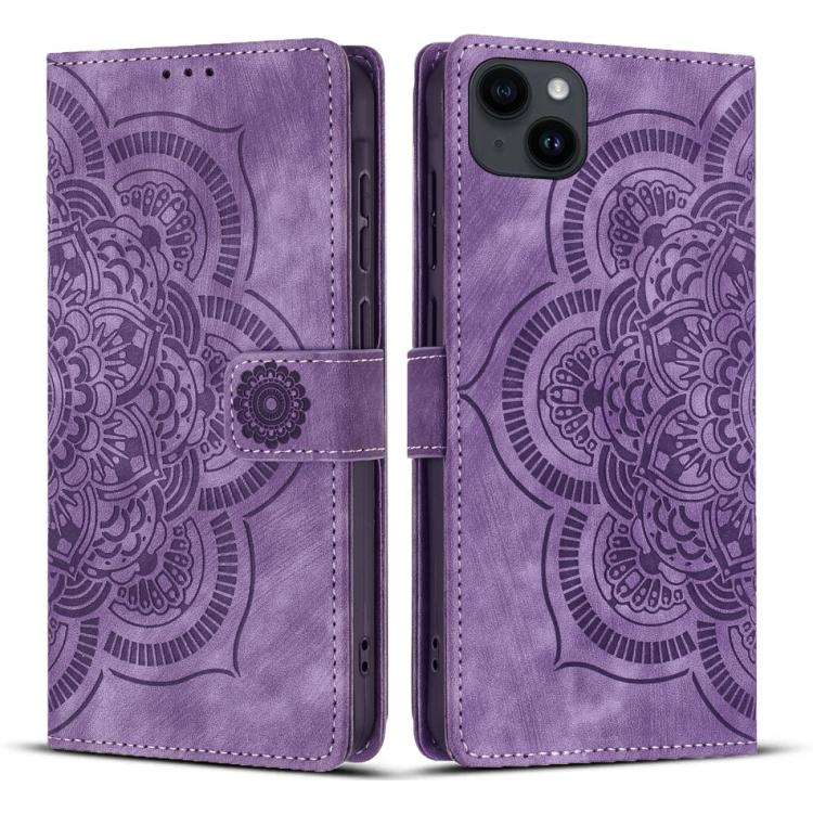 

For iPhone 15 Mandala Embossed Retro Frosted Leather Phone Case(Purple)