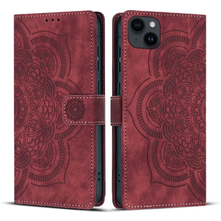 

For iPhone 14 Plus Mandala Embossed Retro Frosted Leather Phone Case(Red)