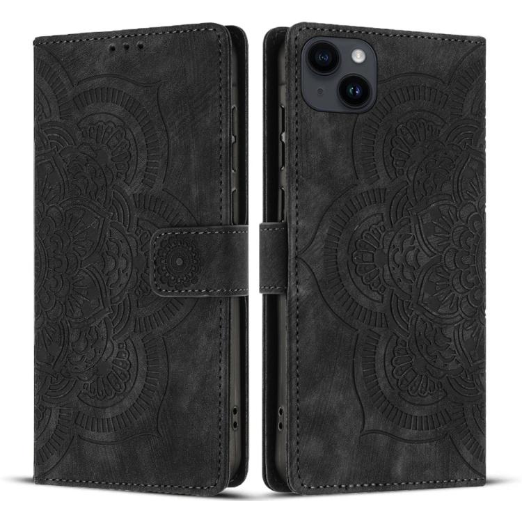 

For iPhone 14 Plus Mandala Embossed Retro Frosted Leather Phone Case(Black)