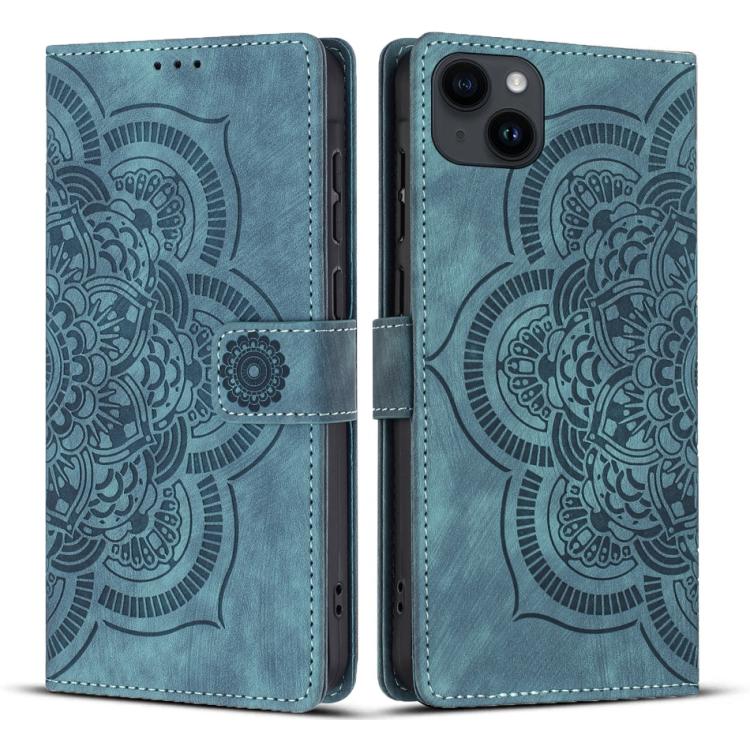 

For iPhone 14 / 13 Mandala Embossed Retro Frosted Leather Phone Case(Blue)
