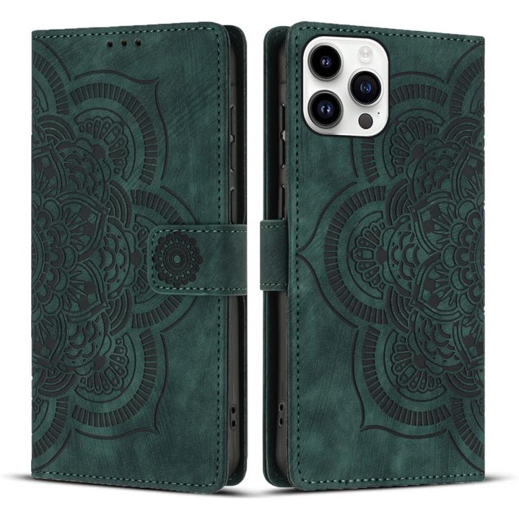 

For iPhone 14 Pro Max Mandala Embossed Retro Frosted Leather Phone Case(Green)