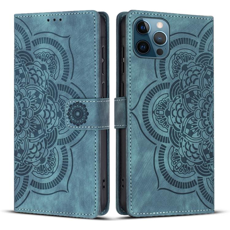 

For iPhone 12 Pro Max Mandala Embossed Retro Frosted Leather Phone Case(Blue)