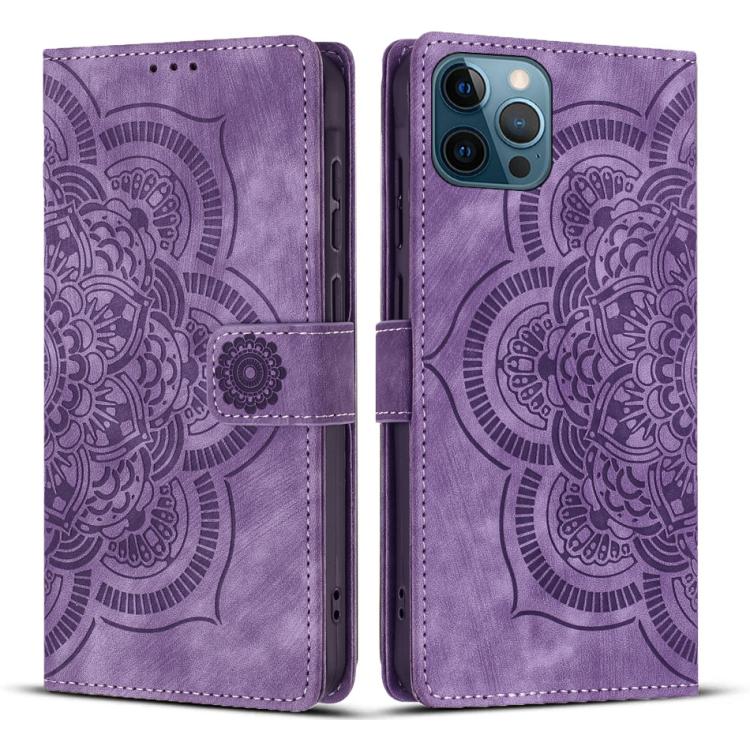 

For iPhone 12 Pro Max Mandala Embossed Retro Frosted Leather Phone Case(Purple)