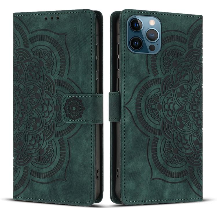 

For iPhone 12 Pro Max Mandala Embossed Retro Frosted Leather Phone Case(Green)