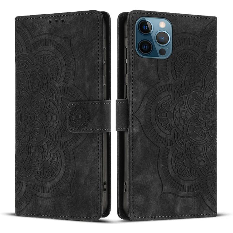 

For iPhone 12 Pro Max Mandala Embossed Retro Frosted Leather Phone Case(Black)