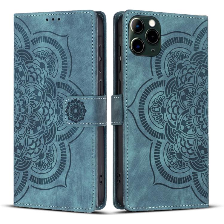 

For iPhone 11 Pro Mandala Embossed Retro Frosted Leather Phone Case(Blue)