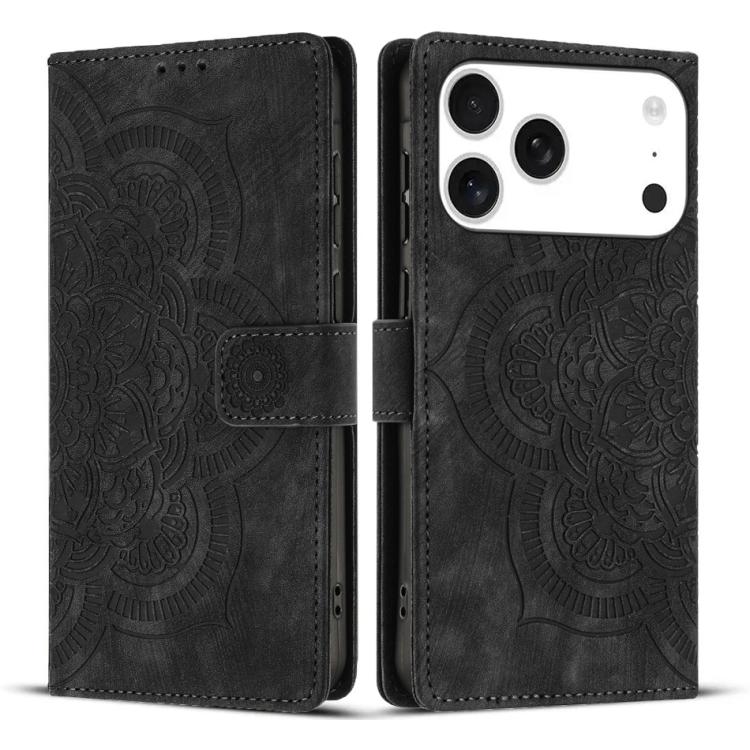 

For iPhone 17 Pro Max Mandala Embossed Retro Frosted Leather Phone Case(Black)