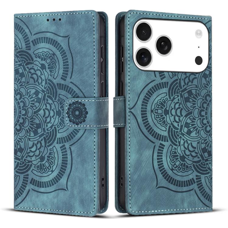

For iPhone 17 Pro Mandala Embossed Retro Frosted Leather Phone Case(Blue)